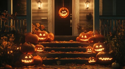 Obraz premium Halloween Pumpkins Decorating the Stoop of a House at Night, 3D Illustration. AI generated illustration.