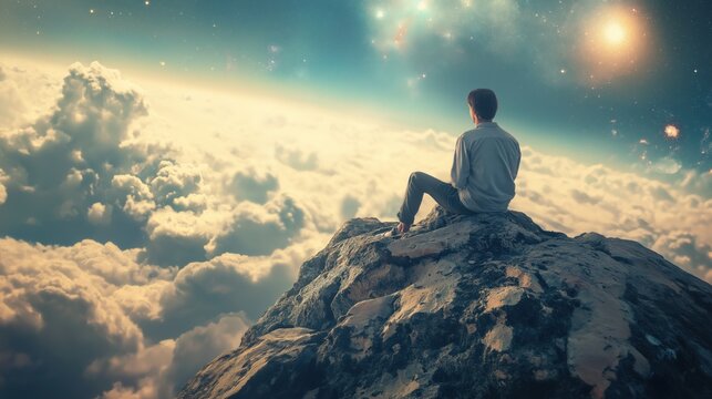 Man sits on top mountain looking at edge of earth above clouds stars in sky