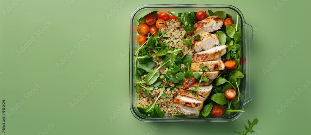 Poster Glass container with a fresh salad chicken and buckwheat on a green background viewed from above leaving room for text in the image. Creative banner. Copyspace image