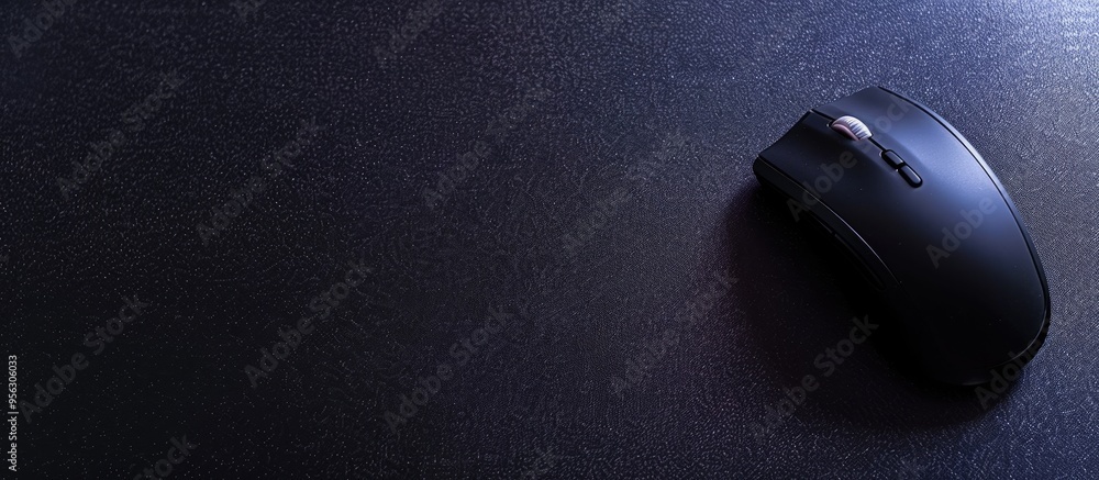 Poster close up shot of a wireless mouse on a black textured table with a mousepad providing ample copy spa