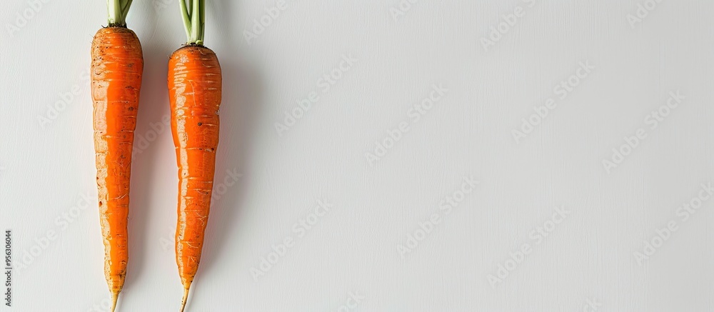 Poster two vibrant orange carrots showcased on a clean white background with ample copy space image