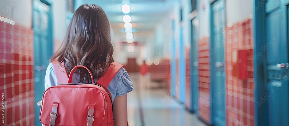 Poster schoolgirl with a schoolbag and books seen from behind in a school corridor with space for an image 