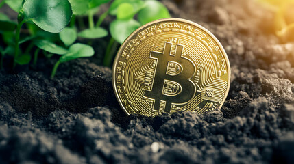 Bitcoin Cryptocurrency Coin in Soil with Green Plant