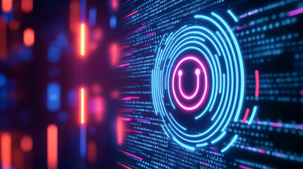 Obraz premium A vibrant digital background featuring a glowing power symbol with colorful data streams for technology and innovation themes.