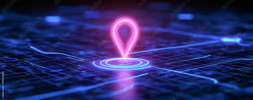 Poster a vibrant digital map with a glowing pin marker highlighting a specific location in a futuristic des