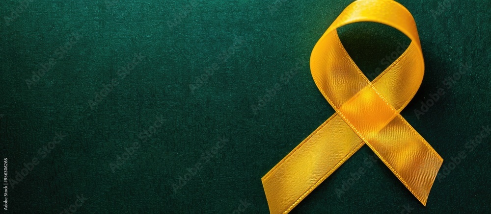 Poster Top view of a yellow awareness ribbon on a green background with copy space image available