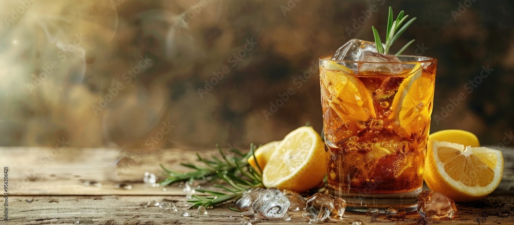 Poster fresh and refreshing iced tea or cocktail adorned with ice rosemary sprigs and lemon slices resting 