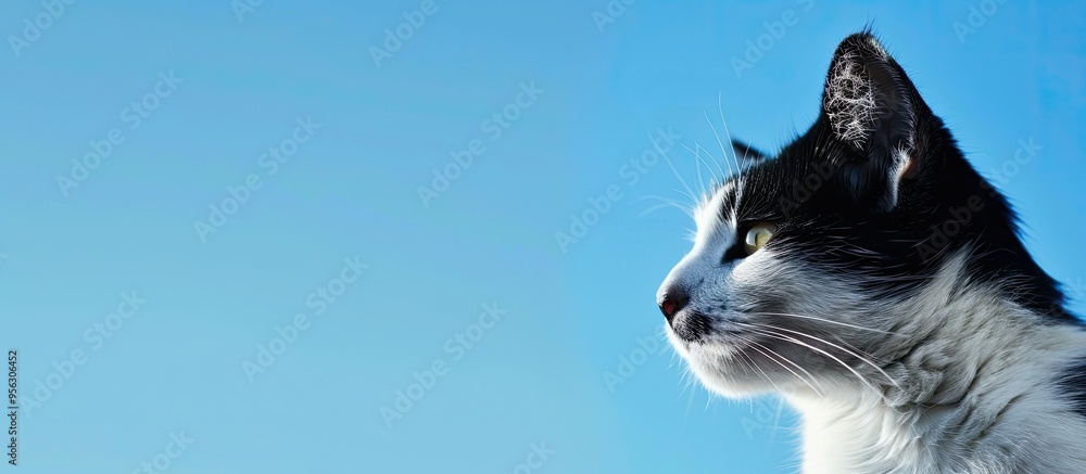 Poster a cat with black and white fur is pictured against a blue and white backdrop in a copy space image