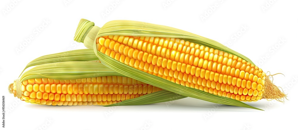 Poster fresh sweet corn with cracks set against a white backdrop providing copy space image