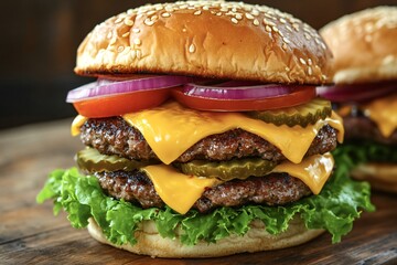 Tempting double cheeseburger with all the fixings on a rustic wooden surface, featuring a juicy patty, melted cheese, lettuce, tomato, onion, and pickles between sesame buns