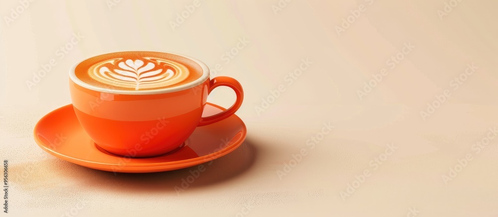 Poster latte art displayed in an orange cup and saucer with available copy space image