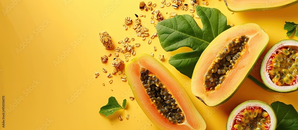 Poster halved papayas rucola and granola with copy space set on a yellow background alongside slices of swe