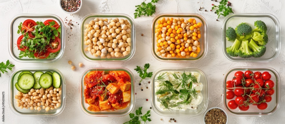 Fototapete Glass containers with various healthy meals on a white backdrop in a flat lay composition with ample space for text in the image