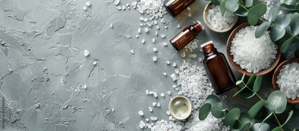 Poster Aromatherapy items like essential oil bottles sea salt and eucalyptus branches on a grey background in a flat lay composition with room for text in the image. Creative banner. Copyspace image