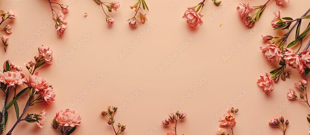 Leinwandbilder Top view image of a frame made with flowers against a beige background perfect for showcasing with copy space