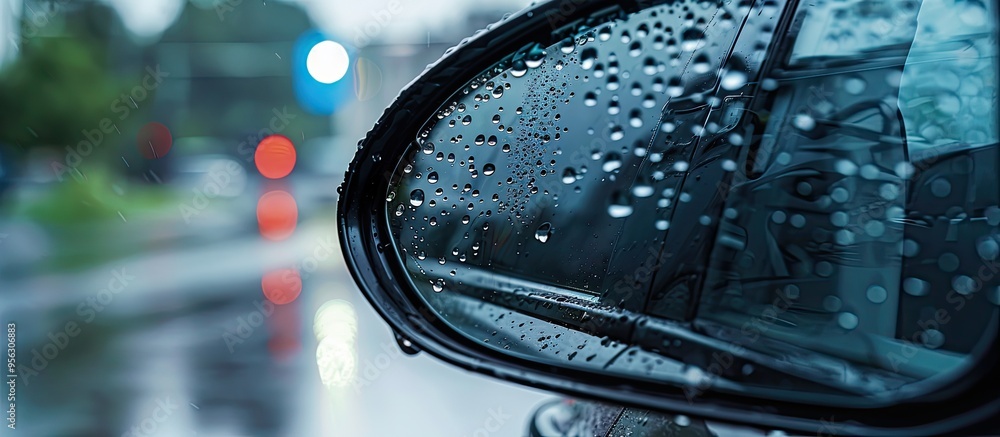 Aufkleber close up image of water droplets on a car s side mirror and windows with empty copy space posing a r