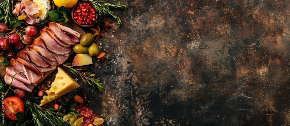 Aufkleber rustic top view copy space image of a fresh natural appetizer with chicken ham and cheese on a table