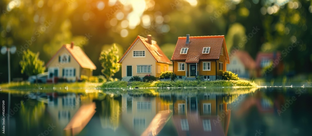 Poster summer toy houses with a scenic background create a captivating copy space image