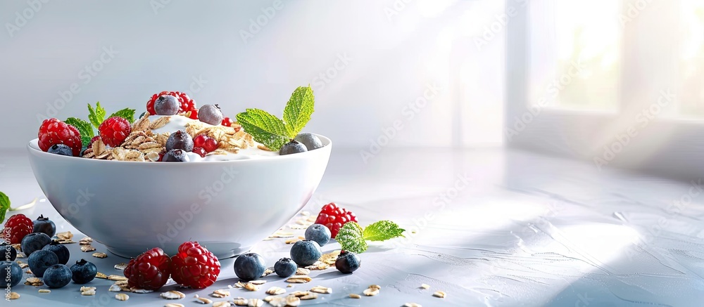 Poster healthy breakfast consisting of oat muesli served with yogurt topped with fresh berries ideal for a 