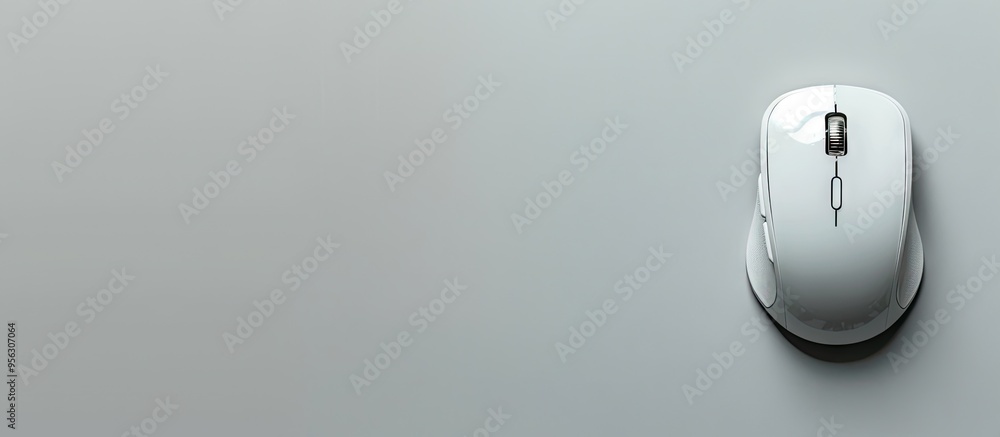 Poster top view of a mouse and mousepad arrangement on a grey backdrop providing space for text in the imag