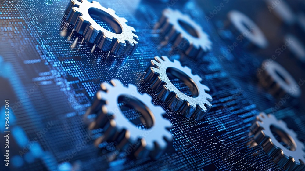 Poster a close-up of software code with gear icons, illustrating the concept of automation in business proc