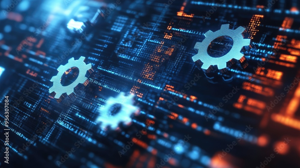 Poster a close-up of software code with gear icons, illustrating the concept of automation in business proc