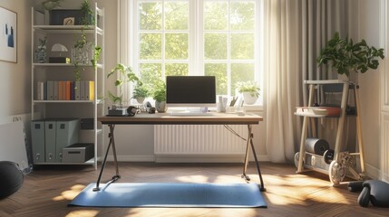 Fototapeta premium A cozy home office setup with a yoga mat and exercise equipment beside the desk, emphasizing the integration of work and life.