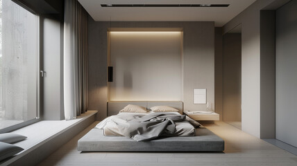 a minimalist bedroom with a monochromatic color scheme and sleek furniture