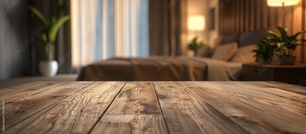 Fototapete a wooden table stands empty with a blurred bedroom backdrop offering a space for displaying advertis
