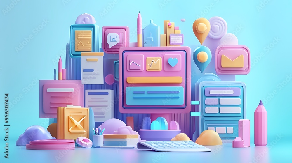 Poster A vibrant and colorful abstract illustration filled with technology icons and objects, blending modernity with artistic flair.