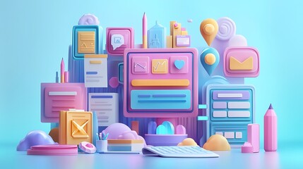 A vibrant and colorful abstract illustration filled with technology icons and objects, blending modernity with artistic flair.