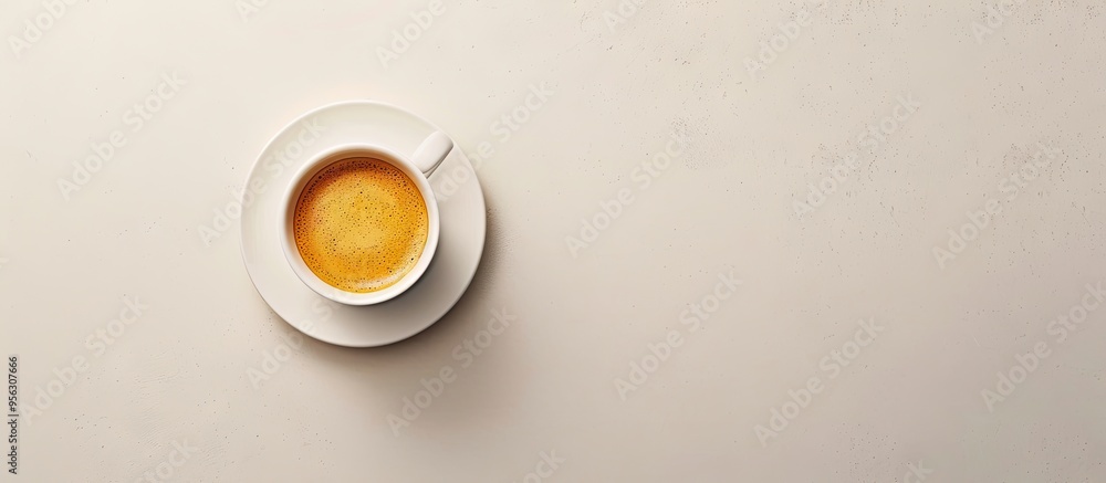 Poster A flat lay image showcasing coffee in a white cup with milk served on a glossy table with ample copy space for text or design elements