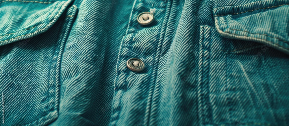 Poster close up of turquoise denim pants front and small pockets showcasing design details like button seam