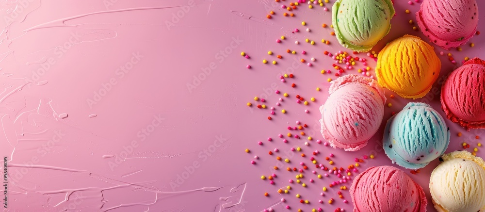 Poster banner design featuring a variety of ice cream scoops arranged on a colorful backdrop with space for