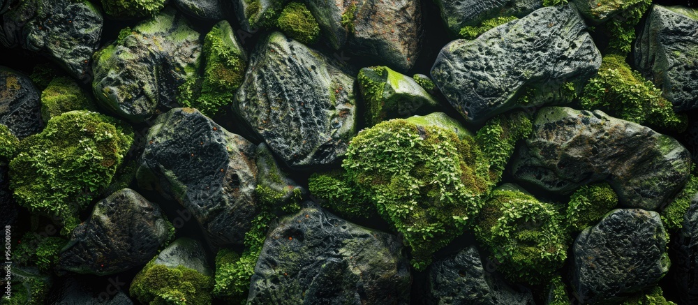 Poster Moss covered rocks in a background texture image with copy space