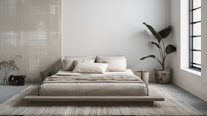 a minimalist bedroom with a platform bed and neutral bedding