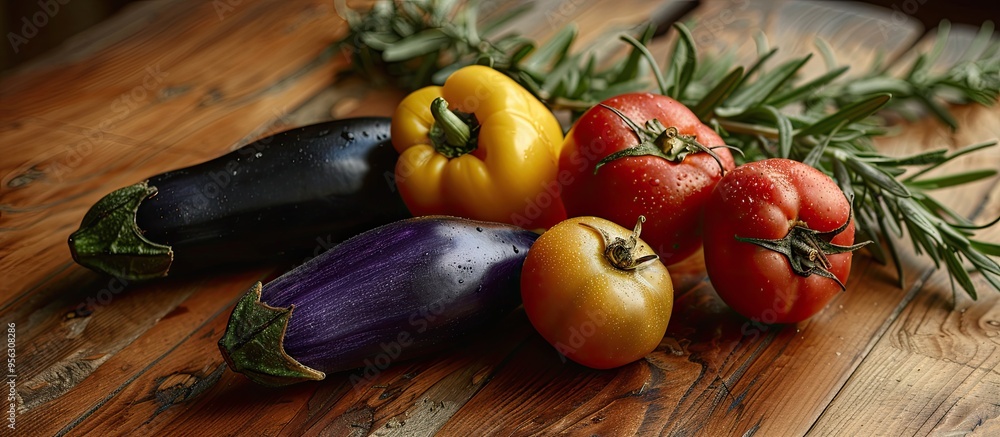 Aufkleber preparing ratatouille by arranging vegetables and rosemary on a wooden table presenting a flat lay f