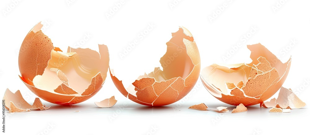 Poster cracked eggshells on white background with copy space image