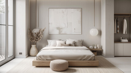 a minimalist bedroom with a single accent piece and neutral tones