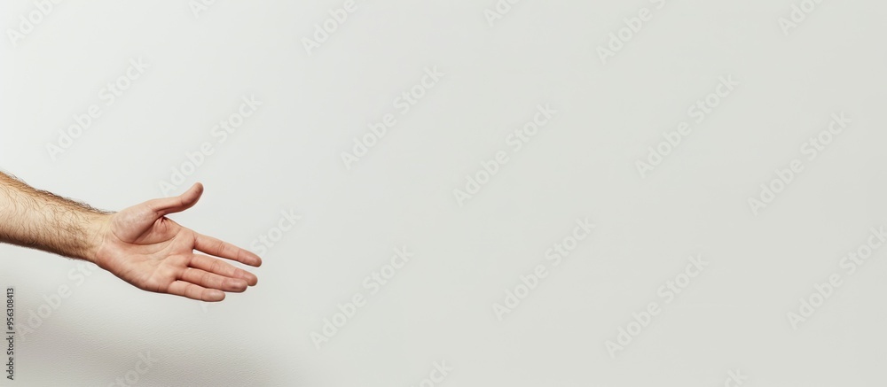 Poster hand of a man reaching in the air on a white background with empty space for customization of the im