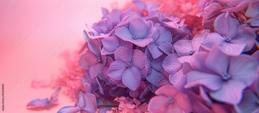 Poster purple hydrangea blooms set against a pink backdrop with ample space for additional imagery
