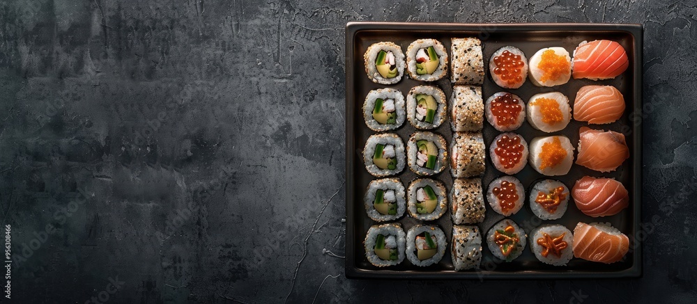 Poster overhead view of classic japanese sushi including a copy space image