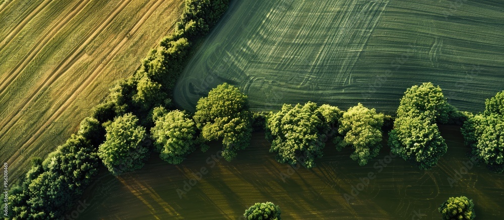 Poster Rural farmland aerial view showcasing trees and fields Background features a serene rural scene with copy space image