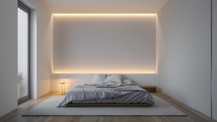 a minimalist bedroom with a single statement light fixture