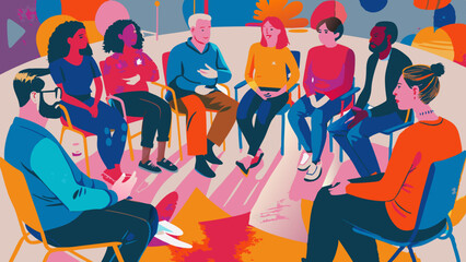 Diverse Group of People at a Colorful Community Meeting