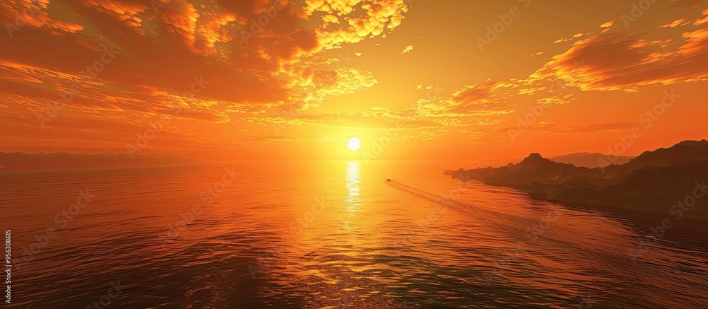 Aufkleber sunset reflecting on a lake with an orange sky seen from above in a captivating view with copy space