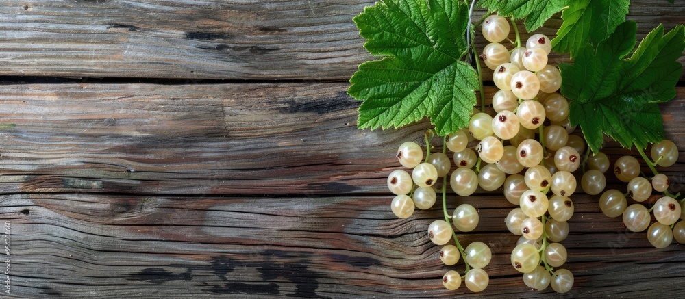 Fototapete top view of white currant berries and green leaf arranged on a wooden table with a designated area f