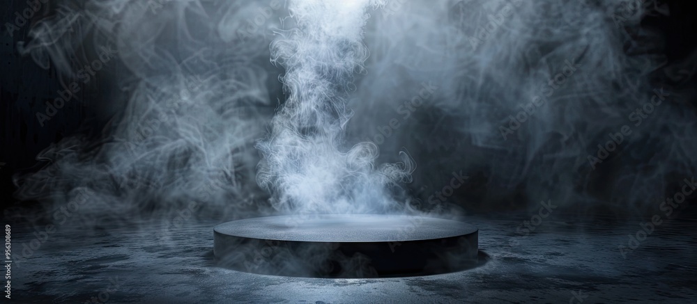 Poster cylindrical stage with a dark background and smoke for presentations offers ample copy space image