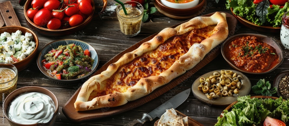Poster A table featuring a variety of Turkish pide ayran and salad with empty space for adding additional items in the image