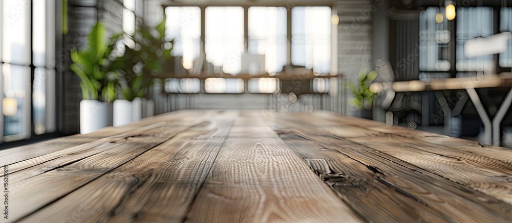 Poster an empty wooden table in a modern office with a blurred background sets a perfect stage for product 